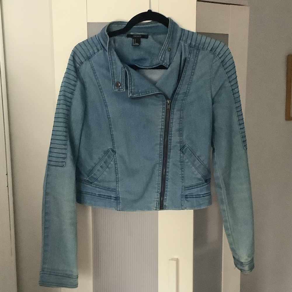 Forever 21 Cropped Light Blue Denim Biker Jacket